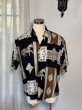 Vintage Milo International Rayon Camp Shirt Horse Print Black Brown Men's L